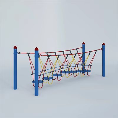 Outdoor Playground Climbing Equipment With Blue Poles Red Tops Red And Yellow Ropes 3d model