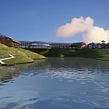 Scenic Lakeside Hotel Resort Architecture With Green Hills And Waterfront Layout
