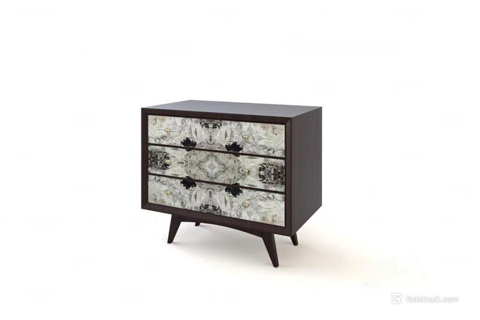 Stylish Bedside Table With Dark Wood Body Patterned Drawer Fronts And Slim Legs 3d model 