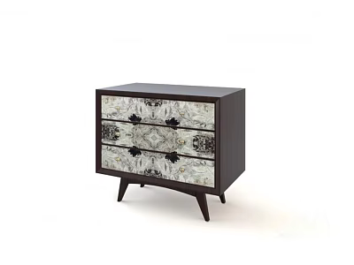 Stylish Bedside Table With Dark Wood Body Patterned Drawer Fronts And Slim Legs 3d model