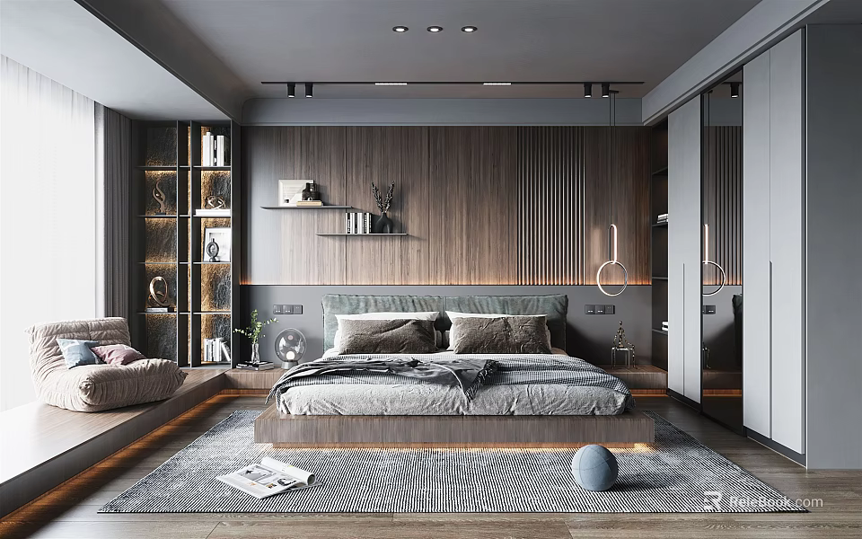 Modern Bedroom Interior Featuring Wooden Wall Large Bed Gray Tones Rug And Bookshelf 3d model 