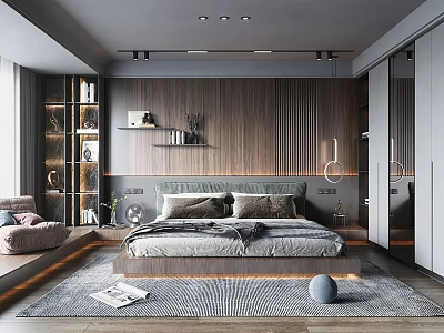 Modern Bedroom Interior Featuring Wooden Wall Large Bed Gray Tones Rug And Bookshelf 3d model