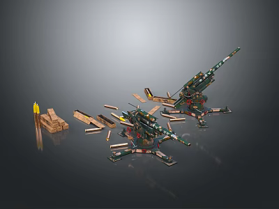 Twin Barrel Military Artillery Weapons With Stand And Ammunition Components 3d model