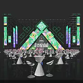 Illuminated Concert Stage With Triangular Structure Green Lights And Audience Seats 3d model