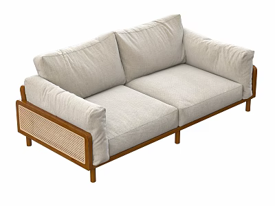 Light Beige Two Seater Sofa with Wooden Frame and Rattan Armrests in Modern Design 3d model