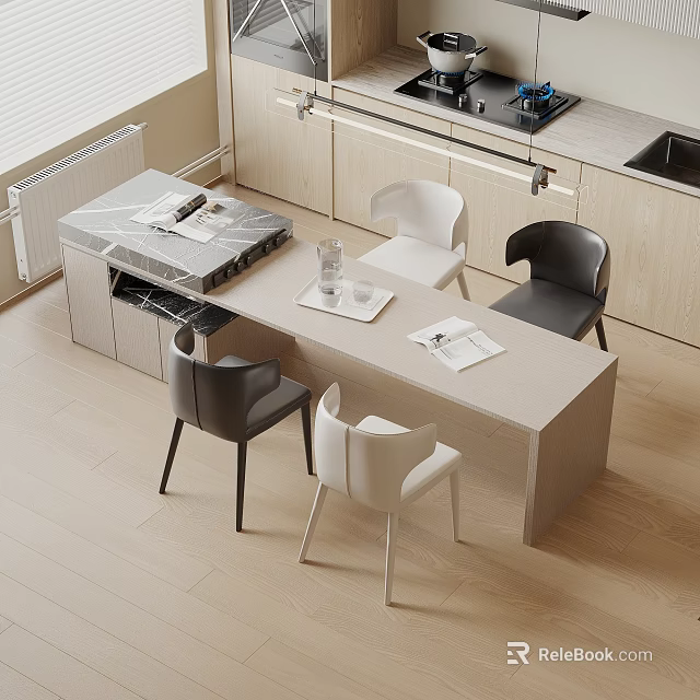 Modern Dining Table Set With Marble Top And White Black Chairs In Open Kitchen Area 3d model