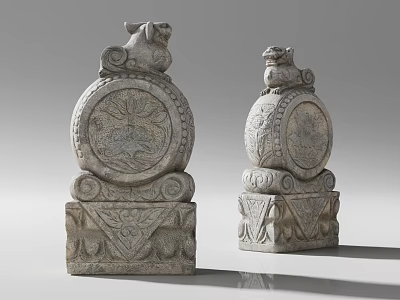 Traditional Stone Gate Piers With Carved Animal Figures And Decorative Patterns 3d model