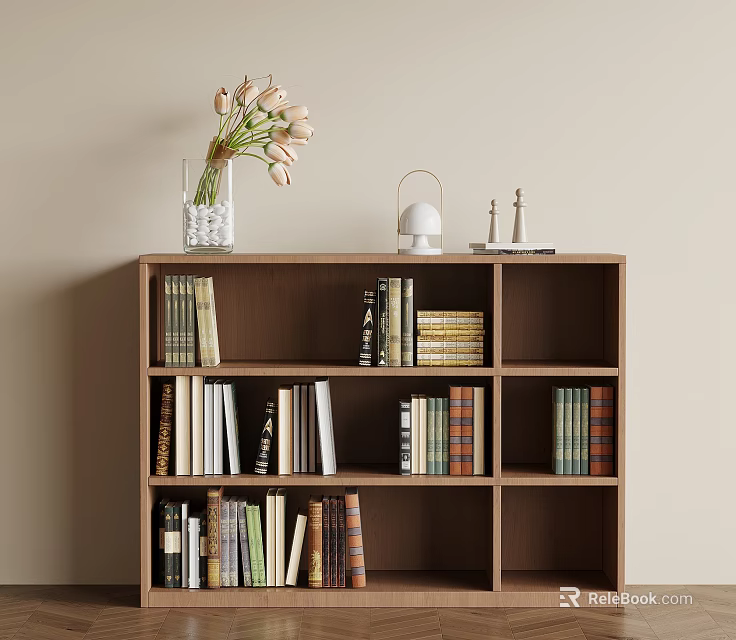 Modern Walnut Bookcase with Books Vase and Decorative Items in Living Space 3d model 