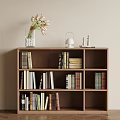 Modern Walnut Bookcase with Books Vase and Decorative Items in Living Space
