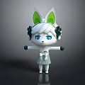 Cute White Game Character With Green Ears Blue Eyes Green Decorations And White Dress