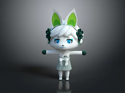 Cute White Game Character With Green Ears Blue Eyes Green Decorations And White Dress 3d model