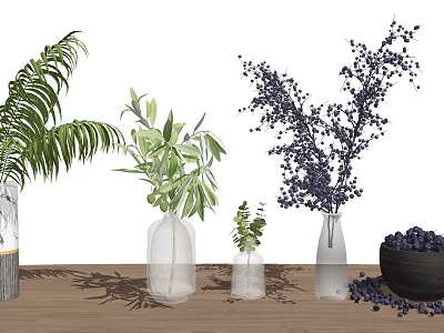 Elegant Glass Vases With Green Fern Olive Leaves And Purple Berry Branches On Wooden Table 3d model