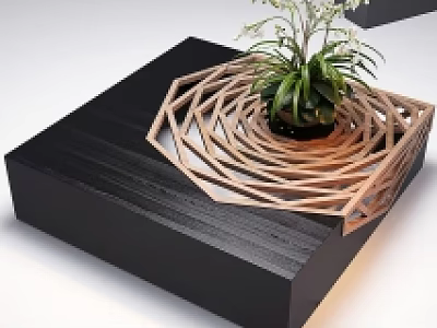 Modern Square Coffee Table White Black Gray With Wooden Spiral Decoration And White Flowers 3d model