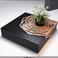 Modern Square Coffee Table White Black Gray With Wooden Spiral Decoration And White Flowers