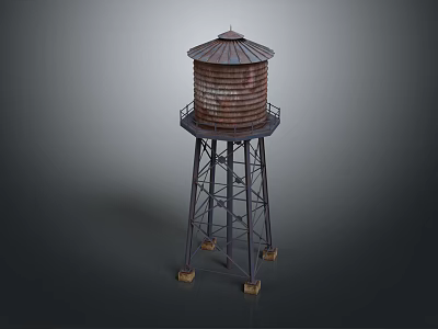 Rusty Metal Water Tower With Conical Roof And Supporting Legs Structure 3d model