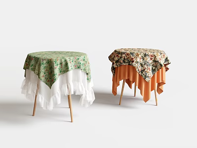 Two Wooden Stools Covered With Floral Tablecloths White Lace And Orange Skirts 3d model