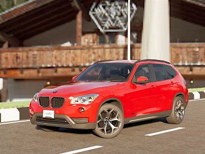 Red BMW SUV Exterior View Parked On Road With Building Background 3d model