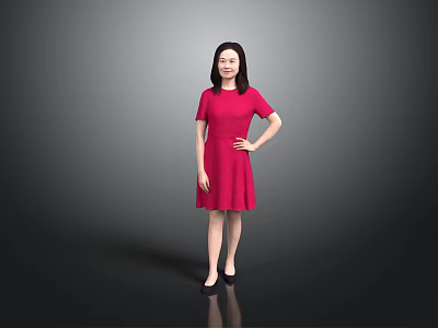 Elegant Woman Standing In Red Dress With Gray Background And Hand On Hip 3d model