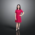 Elegant Woman Standing In Red Dress With Gray Background And Hand On Hip