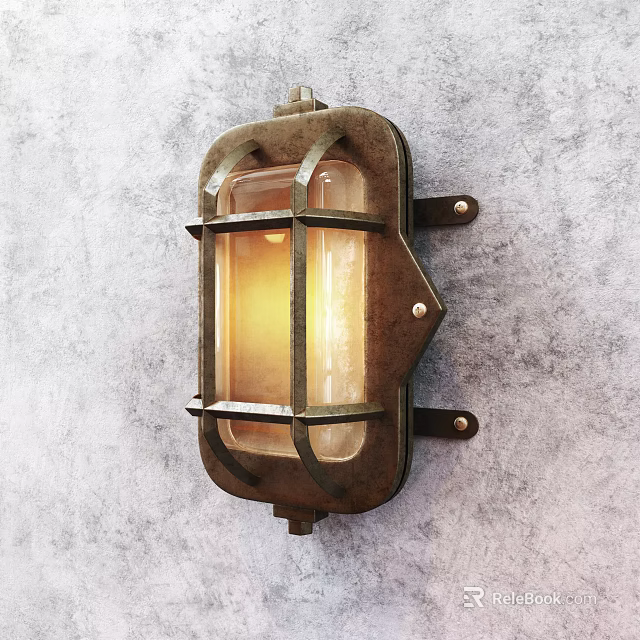 Vintage Metal Frame Wall Lamp With Warm Light On Textured Gray Wall 3d model 
