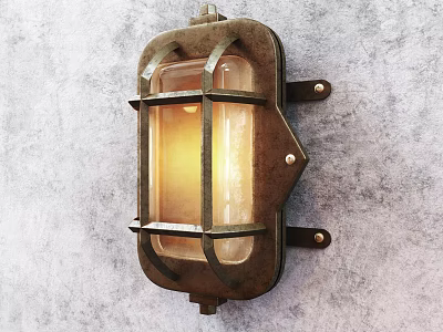 Vintage Metal Frame Wall Lamp With Warm Light On Textured Gray Wall 3d model