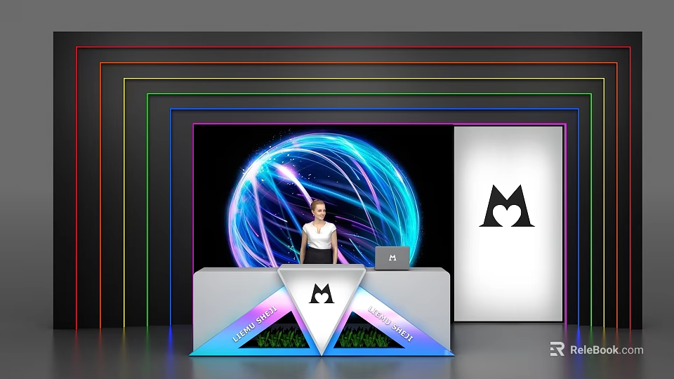 Mineski Reception Desk With Female Staff Illuminated Sphere And Colorful Neon Lights 3d model 