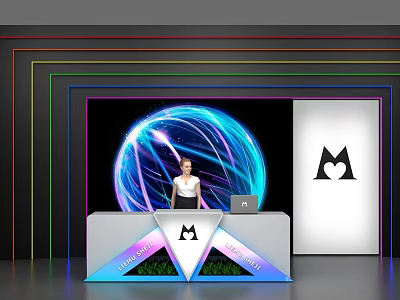 Mineski Reception Desk With Female Staff Illuminated Sphere And Colorful Neon Lights 3d model