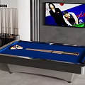 Modern Billiard Room Interior With Blue Felt Pool Table Cue Rack And TV Showing Game