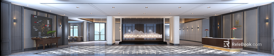 Modern Reception Desk Interior Design With Backlit Background Wall And Crystal Lighting Fixtures 3d model 