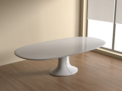 Oval White Dining Table In Light Room With Wooden Floor And Window Blinds 3d model