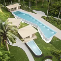 Tropical Resort Area With Multiple Swimming Pools Palm Trees And Pathways