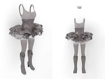 Gray Corset Dress with Spaghetti Straps Tulle Skirt Lace Details Knee High Socks and Boots 3d model