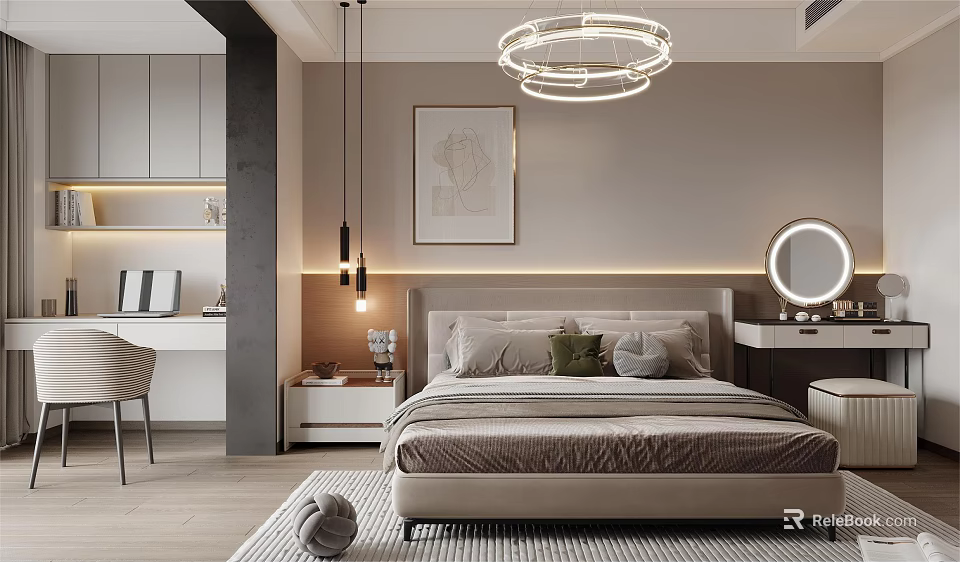 Modern Bedroom Interior With LED Strip Headboard Round Pendant Light Wall Art And Area Rug 3d model 