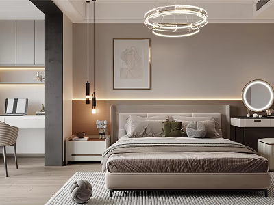 Modern Bedroom Interior With LED Strip Headboard Round Pendant Light Wall Art And Area Rug 3d model