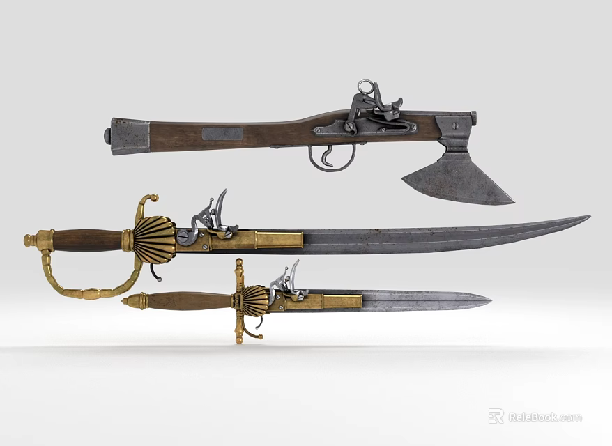 Vintage Historical Weapons Collection With Axe Gun Saber Dagger And Brass Wooden Accents 3d model 