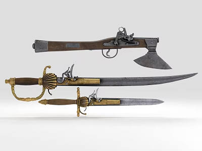 Vintage Historical Weapons Collection With Axe Gun Saber Dagger And Brass Wooden Accents 3d model