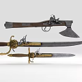 Vintage Historical Weapons Collection With Axe Gun Saber Dagger And Brass Wooden Accents