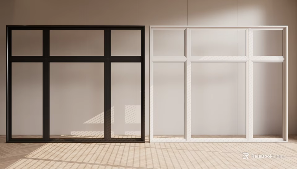 Floor to Ceiling Windows with Black and White Frames in Light Colored Walls Interior Design 3d model