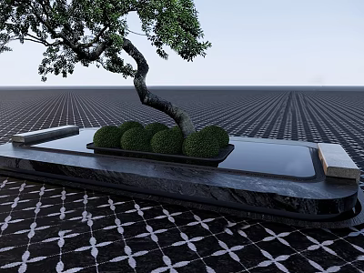 Water Fountain with Curved Tree Green Bushes on Black Platform and Patterned Tiled Floor 3d model