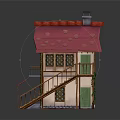 Cartoon House Scene With Red Strawberry Shaped Roof Wooden Staircase Balcony And Ivy Plants