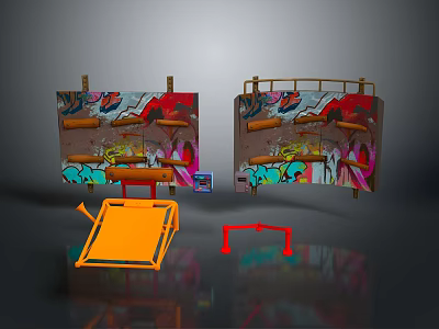 Indoor Skatepark Training Setup With Graffiti Walls Orange Ramp And Red Rails 3d model