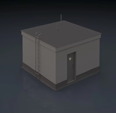 Gray Square Utility Building With Flat Roof Side Ladder And Door 3d model