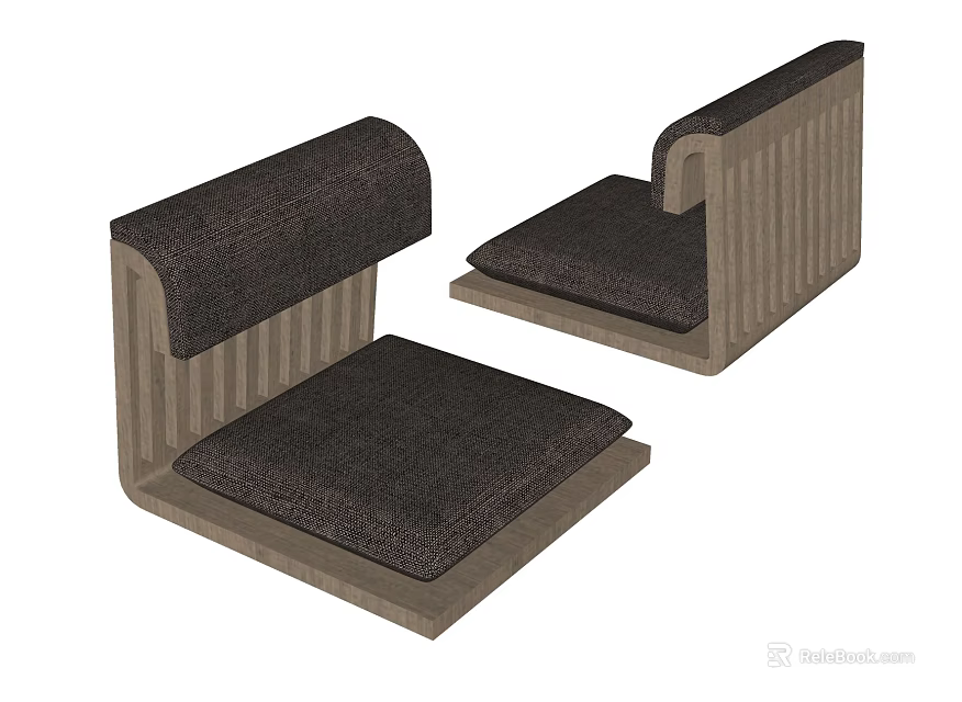 Two Modern Leisure Chairs With Dark Cushions And Wooden Striped Backrests 3d model 
