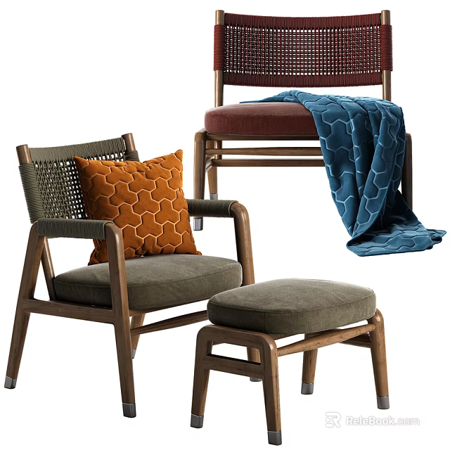 Accent Chair With Wooden Frame Woven Backrest Orange Cushion Gray Ottoman And Blue Throw Blanket 3d model 