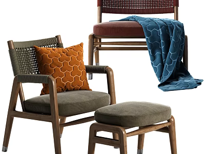 Accent Chair With Wooden Frame Woven Backrest Orange Cushion Gray Ottoman And Blue Throw Blanket 3d model