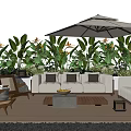 Outdoor Sofa Set With Wooden Deck Umbrella Green Plants And Coffee Table