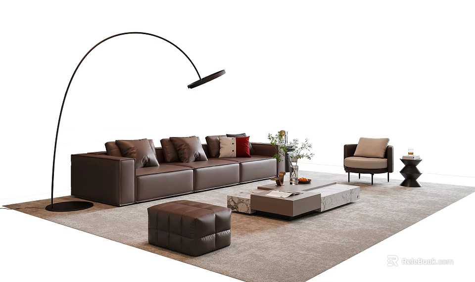 Modern Brown Sofa and Coffee Table Set With Accent Chair Floor Lamp Ottoman Green Plant 3d model 