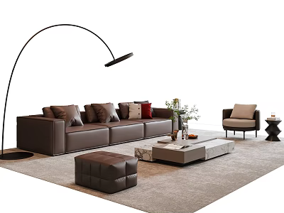 Modern Brown Sofa and Coffee Table Set With Accent Chair Floor Lamp Ottoman Green Plant 3d model