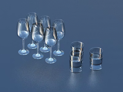 Transparent Wine Glasses and Stacked Small Glasses on Dark Blue Background 3d model