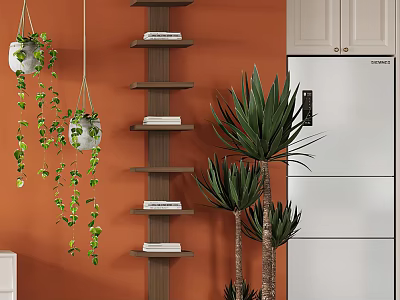 Hanging Potted Plants And Large Greenery On Orange Wall With Wooden Shelves And White Refrigerator 3d model